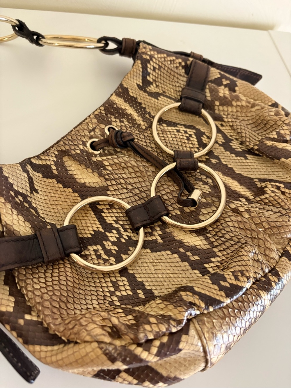 Yves Saint Laurent Brown and Tan Snake-Print Hobo with Gold Rings
